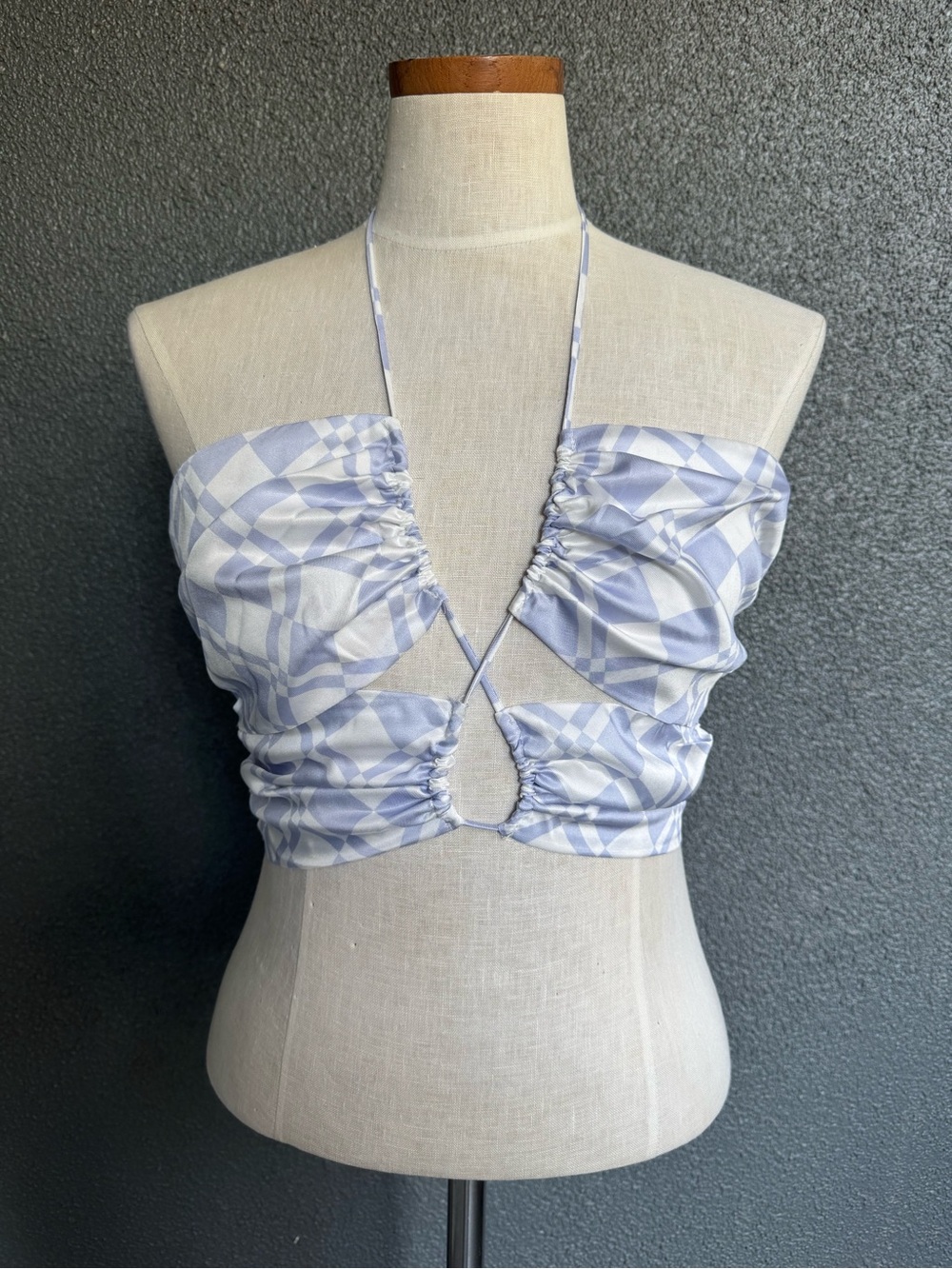 Cotton Candy Light Blue Plaid Ruched Halter Keyhole Crop Top